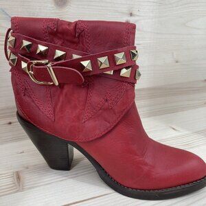 Schutz Womens Red Cowgirl Boots Studded Leather Ankle Sz 6 Parafina Buckle Belt